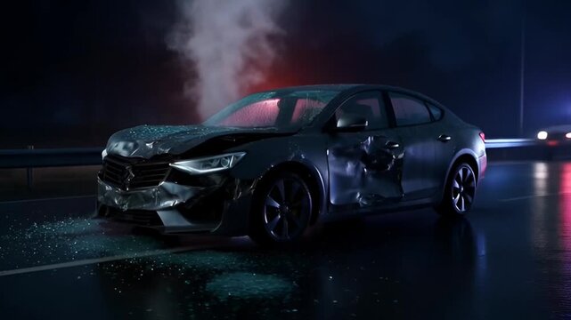 Damaged car on dark road.