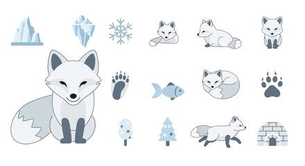 Cartoon arctic fox and icons set. © khusnul