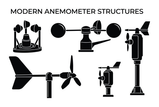 Collection of modern anemometer structures for wind measurement, black silhouettes