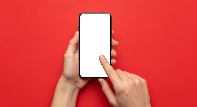 Overhead view of a human hand holding a modern smartphone with a blank white screen, finger touching the screen against a vibrant red background, clean studio shot, technology concept.