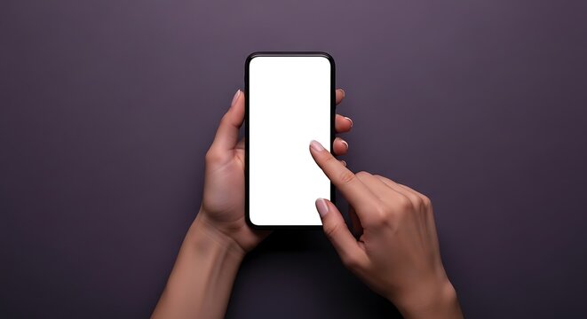 Overhead view of a person's hands holding a modern smartphone with a blank white screen, finger touching the display, against a textured dark purple background, studio lighting, minimalist c