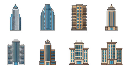 Fototapeta premium Collection of modern city skyscrapers buildings.