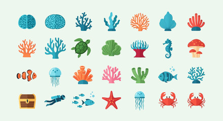 Colorful ocean sea creatures icons set. © MUHRODIN