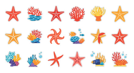 Colorful starfish and coral reef icons. © MUHRODIN