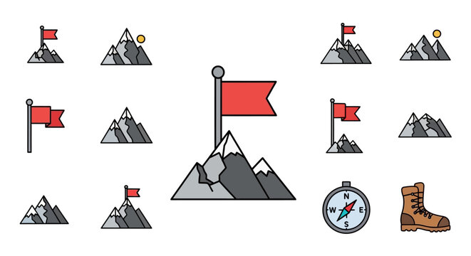 Hiking trekking mountain climbing icons set.