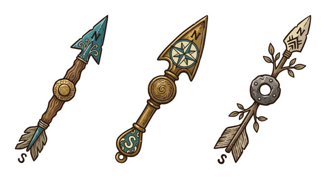 Fancy decorative compass arrows with ornate points and wooden textures for map design