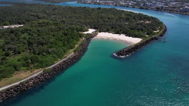 Aerial View Of Marlo&rsquo;s Beach By Tweed River In Fingal Head, New South Wales, Australia. - pullback shot
