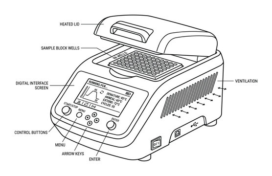 Laboratory pcr thermal cycler machine for dna amplification with labeled parts