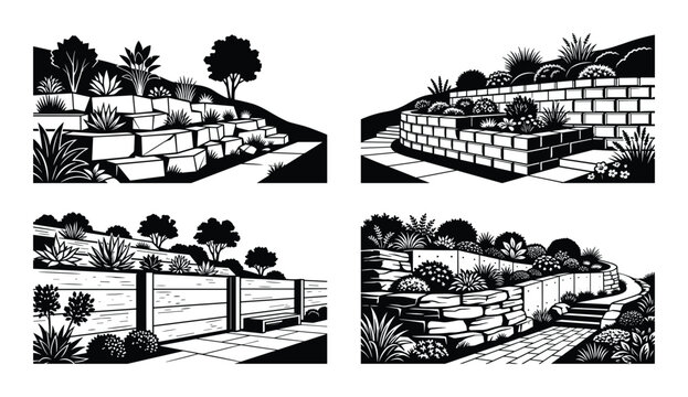 Landscaped garden walls with steps and plants, retaining wall designs