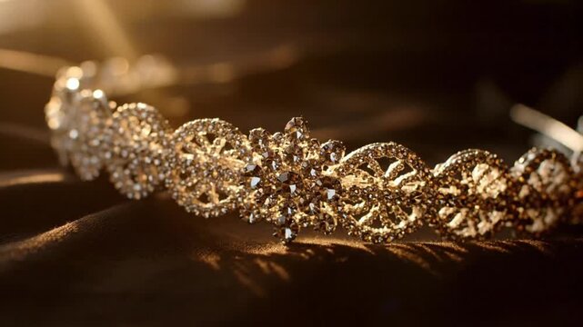 Elegant golden tiara with sparkling gemstones on dark fabric