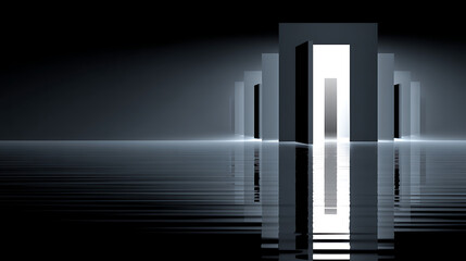 Obraz premium A dark room with a large open door in the middle