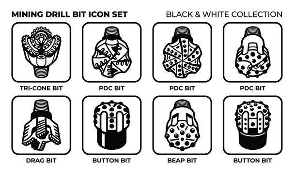Mining drill bit icon set black and white collection with various types of drill bits for industrial use