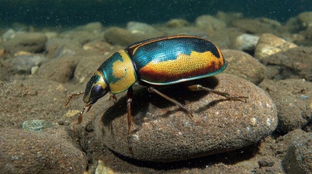 Vibrantly Colored Diving Beetle with Flattened Body and Large Hind Legs Perched on a River Stone