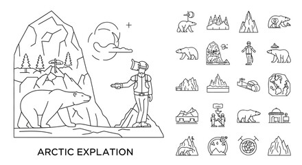 Man exploring arctic landscape with polar bears. © gundul