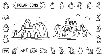 Penguins in various poses and activities. © gundul
