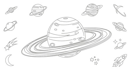 Saturn planet with rings and moons. © Rifky