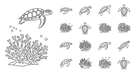 Sea turtles and coral reef illustration. © Rifky