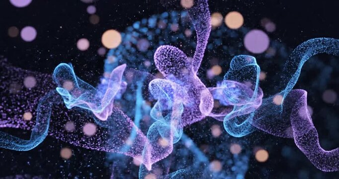 Abstract visualization of colorful swirling particles and light effects in a dark background