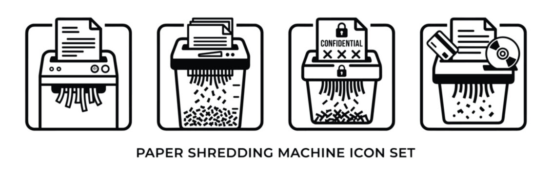 Paper shredding machine icon set. outline style shredder for documents, confidential paper, cd, and credit card destruction.