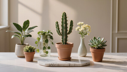 Fototapeta premium Assorted Potted Houseplants on Marble Surface
