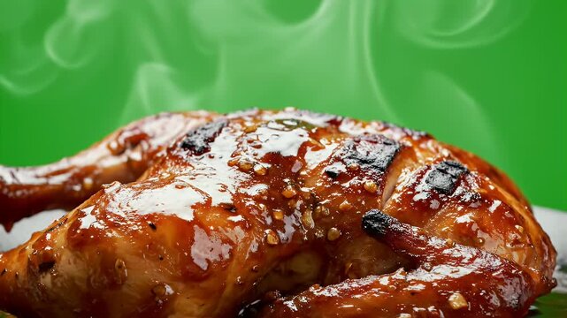 Appetizing Ayam Bakar Grilled Chicken Emitting Steam on a Green Screen Background Detailed Cinematic Close Up