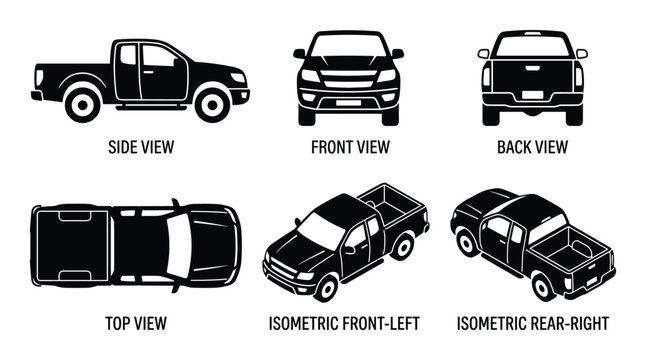 Pickup truck vehicle silhouette set with different view angles and isometric perspectives