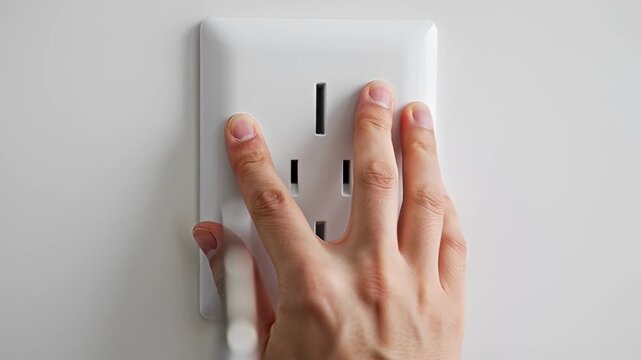 Hand near electrical outlet socket.