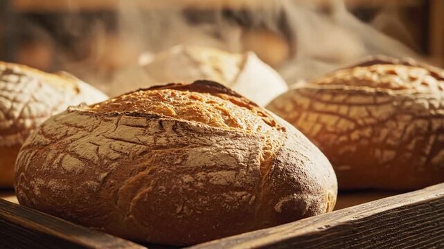 Golden crust artisan loaves emerging from the oven, showcasing fresh baked bread with rustic texture on wooden surface