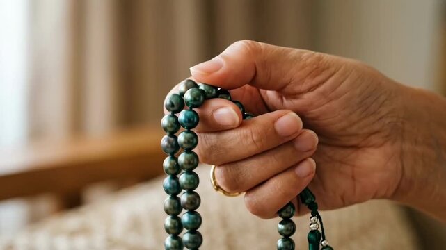 Hands Holding Prayer Beads in Calm Spiritual Meditation Moment