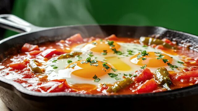 Classic Shakshuka With Three Poached Eggs In A Black Cast Iron Skillet Served With Fresh Parsley Garnish Against A Blurred Green Background With Steam Rising And Soft Lighting Creating A Warm