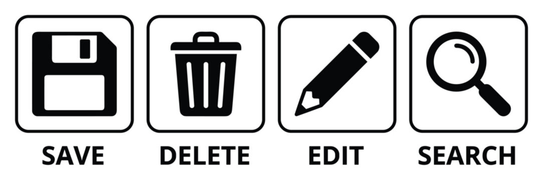 Software interface icons for save delete edit and search functions vector buttons