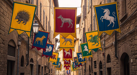 Fototapeta premium Colorful medieval heraldic banners featuring various animal crests hang decorating a narrow, ancient stone street in an Italian town.