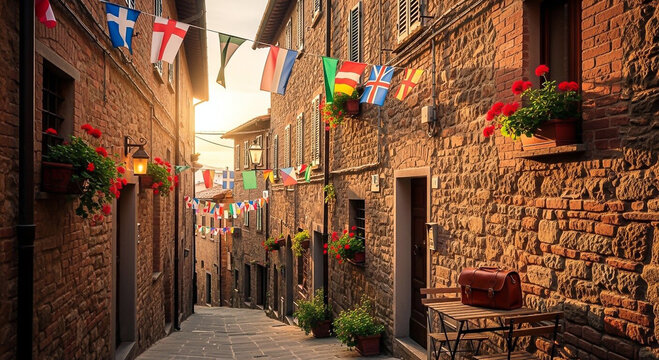 Narrow European cobblestone alleyway glows warmly beneath hanging national flags and potted red geraniums in the late afternoon light.