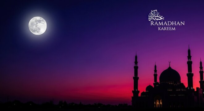 Ramadan Kareem greeting with mosque silhouette and full moon at twilight.