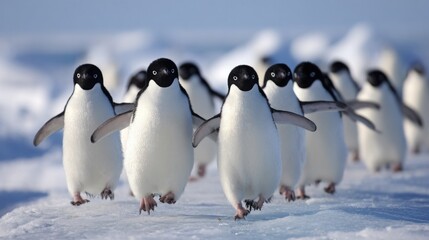 Obraz premium A playful colony of Adélie penguins waddling across an icy shore in their natural Antarctic habitat