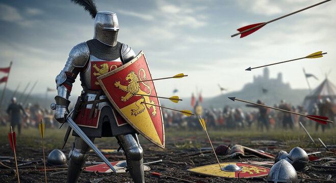 Knight in shining armor defends valiantly against incoming arrows during a medieval battlefield conflict with a castle backdrop.