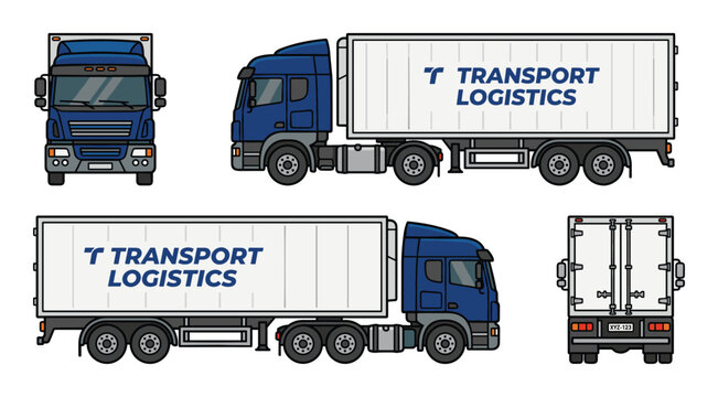 Transport logistics truck illustration with front, side, and back views for commercial freight delivery