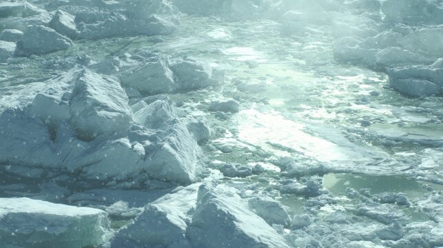 Jagged ice floes drifting and colliding in frigid arctic waters under sunlight