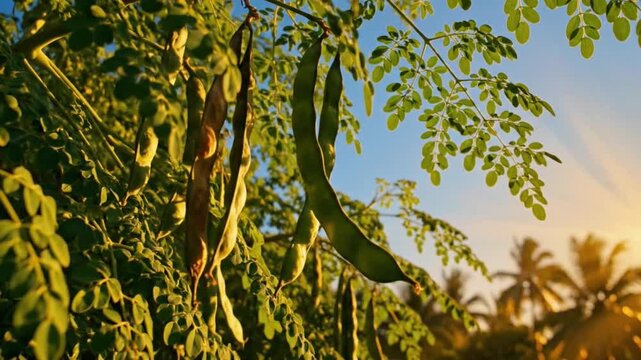 Moringa Tree Branches with Seed Pods at Golden Hour - Agriculture Superfood Organic Farming Health Nutrition Tropical Botany Sustainable Marketing