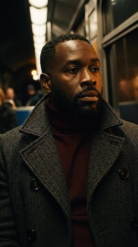 A man in a coat and turtleneck looks out the window on a city train