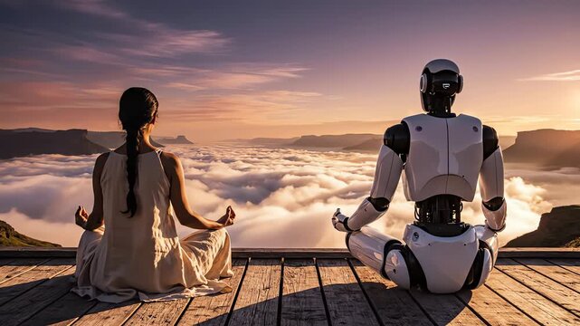 4K Wellness Shot of Woman and Humanoid Robot Meditating Above Sea of Clouds at Dawn