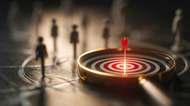 Magnifying glass with dart hitting target in business concept with people in background