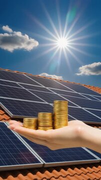 Hand holds growing stacks of money against solar panels under a sunny sky. Available on 4K vertical video.