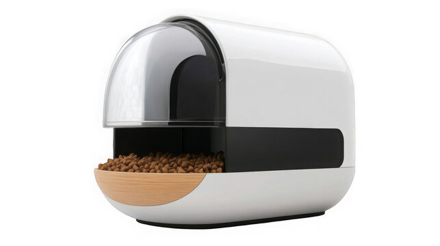 A modern automatic pet feeder with a clear dome lid and wooden bowl