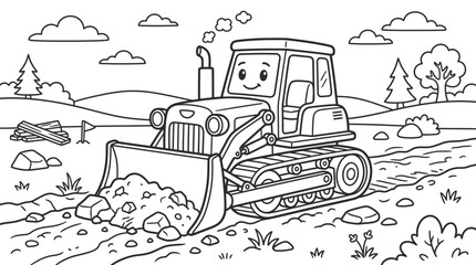 Smiling cartoon bulldozer in field. © Suro