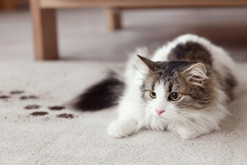 Cute cat with muddy paw prints on carpet at home, closeup