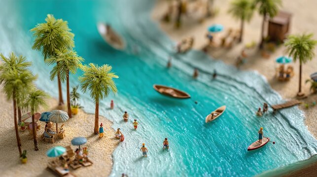 Miniature beach scene with palm trees and people on vacation