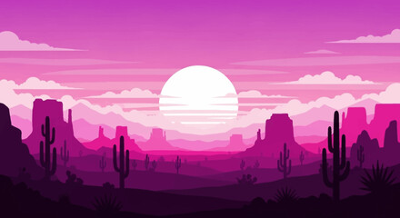 Vibrant Retro Synthwave Desert Landscape with Cactus Silhouettes and Large Sunset over Mountain Range, Minimalist Vaporwave Vector Illustration © wafie studiio