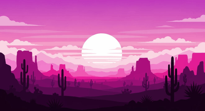 Vibrant Retro Synthwave Desert Landscape with Cactus Silhouettes and Large Sunset over Mountain Range, Minimalist Vaporwave Vector Illustration