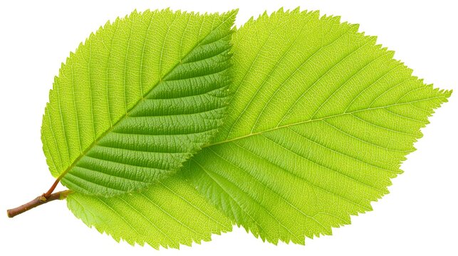 Two vibrant, detailed close-up photographs of fresh, serrated, bright green elm leaves attached to a small brown twig, perfect for showing springtime growth and botanical structure isolated on white.
